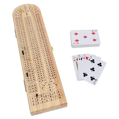 Pacific Shore Games Wooden Cribbage Board Game Set, Continuous 3 Track for 2-3 Players with Card Storage - color: Natural
