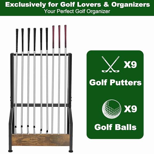 Golf Club Holder Stand Rack for 9 Clubs & 9 Balls, Putter Holder Rack Wood & Iron Golf Club Display Storage Rack for Simulator Garage