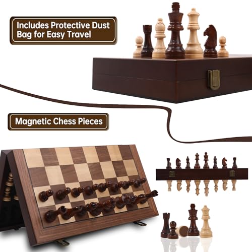 15" Magnetic Chess Set with Foldable Board & Travel Bag - Professional Wooden Chess Game, Luxury Storage Bag - Perfect Christmas/Birthday for Men, Dad (Chess Set + Bag) - color: Red