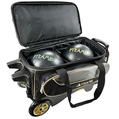 Pyramid Path Premium Deluxe 2 Ball Double Roller Bowling Bag With Large Separate Shoe Compartment (Up To US Mens Size 15) and Oversized Accessory Pocket, Retractable Locking Handle - Extends to 37" - color: Black/Gold/Grey 24K Edition