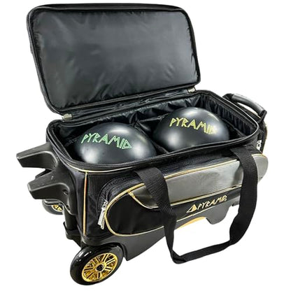 Pyramid Path Premium Deluxe 2 Ball Double Roller Bowling Bag With Large Separate Shoe Compartment (Up To US Mens Size 15) and Oversized Accessory Pocket, Retractable Locking Handle - Extends to 37" - color: Black/Gold/Grey 24K Edition