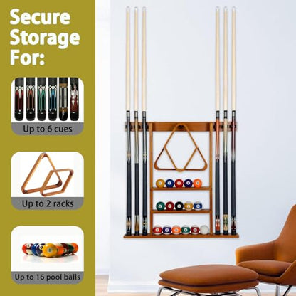 SUPERDIAMOND 6 Holes Wall Mounted Pool Cue Rack, Wood Billiard Stick Holder Holds 6 Cues for Pool Table Accessories, Heavy-Duty Billiards Storage Rack Stand Display for Game Room,Brown - size: 6 Cues, style: SU-wa6-Cue Racks-brown