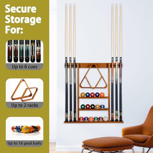 SUPERDIAMOND 6 Holes Wall Mounted Pool Cue Rack, Wood Billiard Stick Holder Holds 6 Cues for Pool Table Accessories, Heavy-Duty Billiards Storage Rack Stand Display for Game Room,Brown - size: 6 Cues, style: SU-wa6-Cue Racks-brown