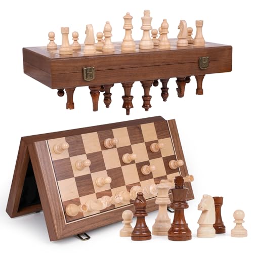 15 Inch Magnetic Wooden Chess Set with Storage, Folding Chess Board Game with Strong Magnets, Tournament Size 3 Inch King, 2 Extra Queens, Portable Travel Chess Set for Adults & Kids