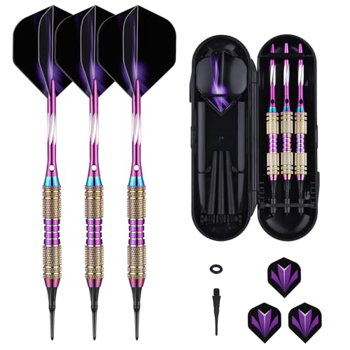 Soft tip Darts Set 18/20 Grams - Professional Darts Plastic Tip with Brass Barrel + Aluminum Shafts + 50 Rubber o-Ring + 6 Flights +50 Soft Tips for Electronic Dartboard - color: 20g-Purple