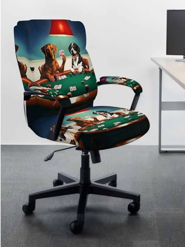 Abstract Animal Office Chair Cover with Armrest Covers, Dog in The Room Playing Poker Games Universal Stretch Desk Rotating Chair Slipcovers, Removable Seat Protector with Zipper, S - color: Dark Green Brown, size: Small & 2PCS Armrest Covers