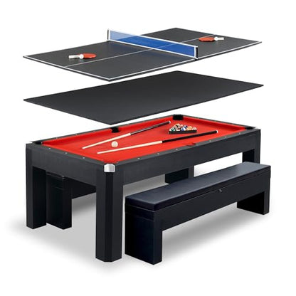 Hathaway Pool Table Combo Set with Benches - color: Black and Red Felt