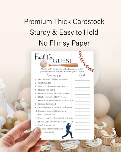 BASEBALL Baby Shower Games— FIND THE GUEST Game — Pack of 25 — Rustic Sports Blue BOY Baby Shower Activity, Icebreaker Party Game, Guess Who Came to the Party, Little Slugger Couples Shower G900-FTG