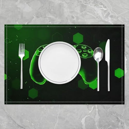 Erosebridal Gamer Boys 4 PCS of Placemats 12x18 Video Game Place Mat for Dining Table Geometric Lights 3D Neon Non Slip Table Mats Green Hexagon Spots - color: Green
