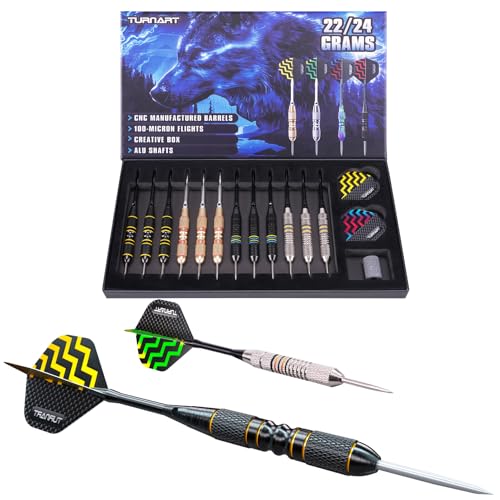 Turnart Darts Metal Tip Set - Steel Tip Darts Darts Set Professional Metal Darts 12 pcs 22/24 Grams Pro Dart Set with Stylish Case Aluminum Shafts Extra 9 Flights - color: Gold / Black