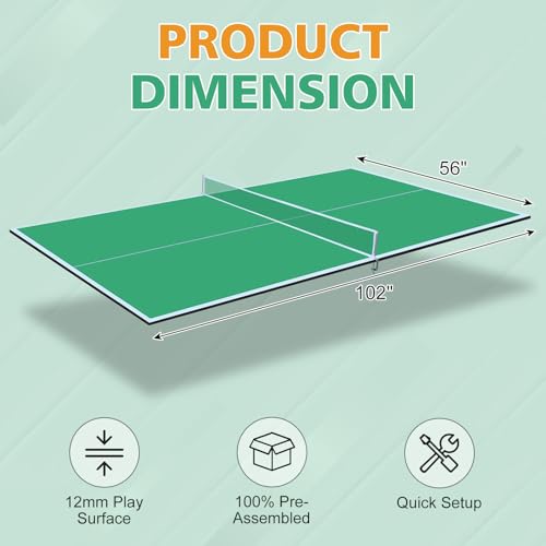 8.5ft Green Mid Size Ping Pong Conversion Top Foldable Portable Table Tennis Table Top for Indoor Games