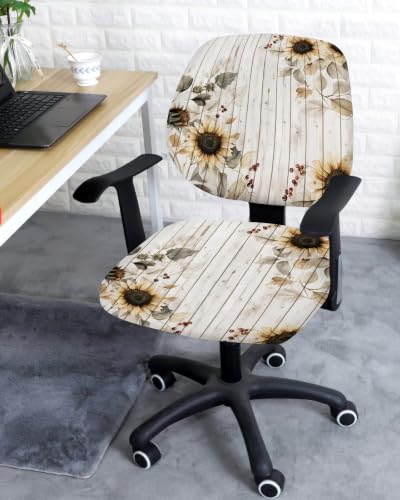 Savannan Office Chair Cover, Rustic Sunflower Autumn Leaves Protective Stretch Elastic Universal Cover for Desk Task Chair,Computer Rotating Chair 1 Pcs Berry on Retro Wood Grain