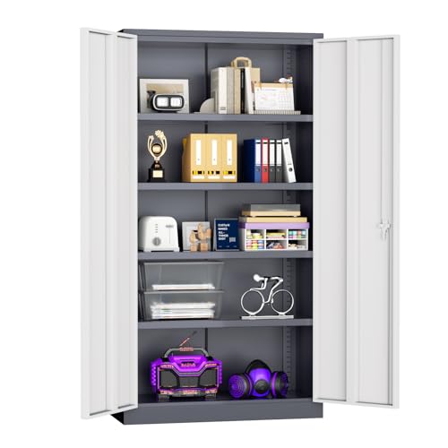 Superday Metal Storage Cabinets, 72" Storage Cabinet with Locking Door, Tall Garage Cabinet with 2 Doors and 4 Adjustable Shelves for Home Office, Classroom, Easy Assemble(White Grey) - color: White Grey, size: 72" Storage Cabinet