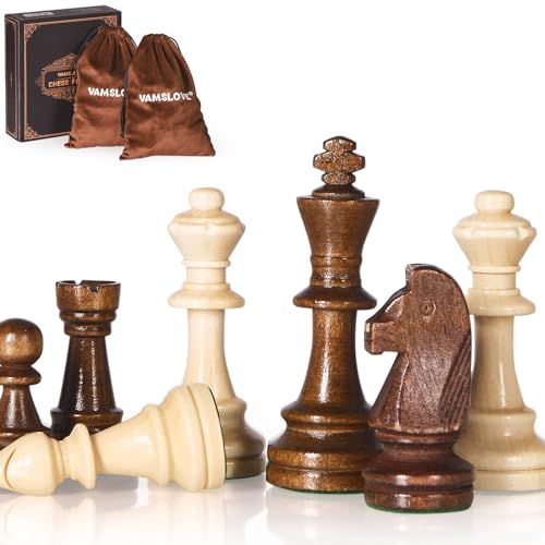 Vamslove Wooden Heavy Weighted Chess Pieces Only-3.8'' King-Extra 2 Queens-34 Wood Tournament Chessmen for Chess Set,Velvet Storage Bags Included