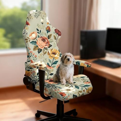 Suobstales Peony Flower Pattern Stretchable Gaming Chair Cover with Armrest Protector Washable Elastic Computer Chair Slipcover Anti-Slip Easy to Install Water-Repellent for Office Use - color: Peony Flower
