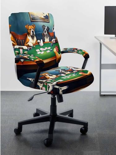 Abstract Animal Office Chair Cover with Armrest Covers, Dog in The Room Poker Games Universal Stretch Desk Rotating Chair Slipcovers, Removable Seat Protector with Zipper, S - color: Dark Green Brown, size: Small & 2PCS Armrest Covers