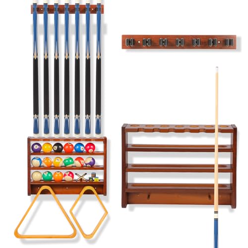 Pool Stick Holder - 7 Pool Cue Rack Wall Mount With Cue Rest and Ball holder, Wooden Pool Table Accessories Equipment Organizer, Billiard Cue Racks for Game Room Men Cave- Brown - color: Brown
