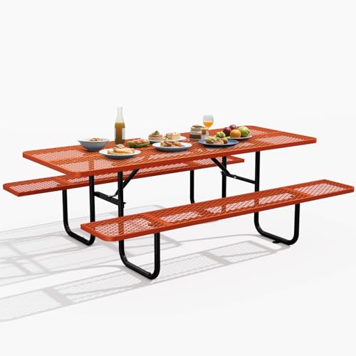 72 Inch Heavy Duty Picnic Table for Outdoors, Rectangular Camping Table with Benches and 1.78" Umbrella Hole, Commercial Grade Steel Frame, 2200 lbs Load Capacity, Orange - color: Orange, size: Rectangular