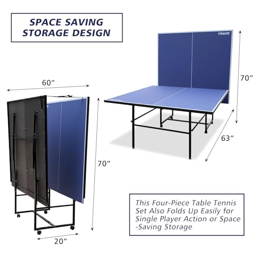 4/6/8/9 ft Professional Table Tennis Table Ping-Pong Tables Set Foldable & Portable Tables with Removable Net 2 Table Tennis Paddles and 3 Balls Easy Assembly - color: Blue, size: 9 Ft