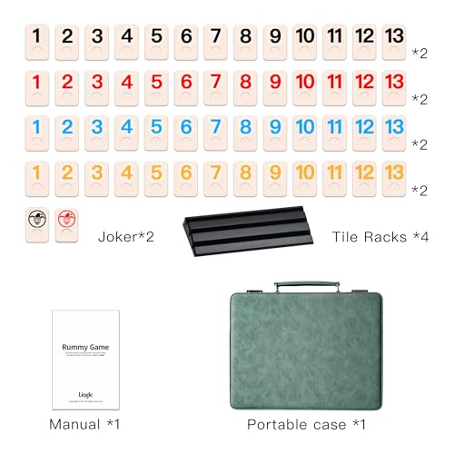 Rummy Game Set, 2-4 Players with 106 Rummy Tiles and 4 Racks, Rummy Travel Game Set with Faux Leather Case, Fun Family Classic Board Games (Green) - color: Green