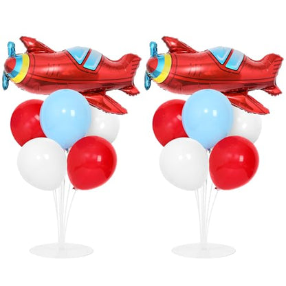 Airplane Birthday Party Balloons Stand Kit 2 Sets with 2 Plane Helicopter Foil Balloons Red Blue White Balloon Centerpiece for Tables for Adventure Time Flies Birthday Baby Shower Party Decoration - style: Airplane