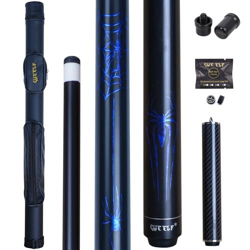 CUEELF 58" 2-Piece Low Deflection Pool Cue Spider Pattern, Spray Black Maple Forearm with Carbon Fiber Extension, 1x1 Hard Case, Joint Protectors & Replacement Tip - color: Blue, size: 20 oz