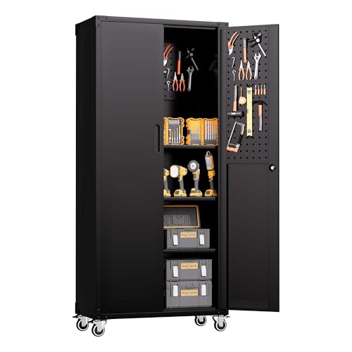 Garage Metal Storage Cabinet with Pegboard, 71'' Tall Storage Cabinet with Adjustable Shelves and Doors, Rolling Tool Cabinet on Wheels for Garage, Utility Room (Black) - color: Black, style: Tall - 2 Doors & Pegboard