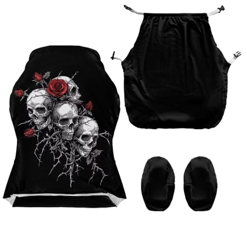 Skull Rose Printed 4 Pieces Gaming Chair Slip Cover Set Dust-Proof Elastic Game Chair Cover with Armrest Covers, Universal Fit, Machine Washable, Home Decor - color: Black and Grey - Skull Rose