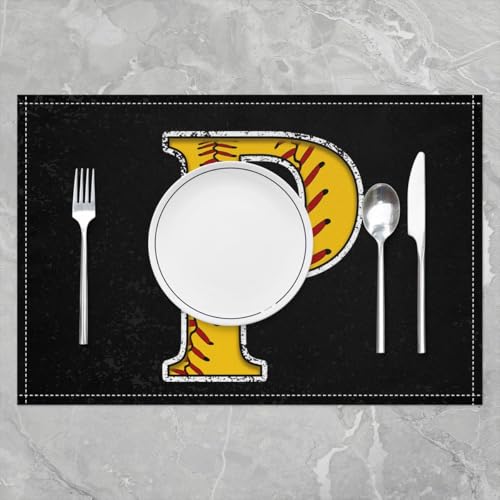 Erosebridal Initial Placemats 12x18 inch Set of 4 Boys Baseball Monogrammed Place Mats for Kitchen Table | Softball Sports Gaming Table Place Mats Yellow Letter P Heat Resisting Placemats - color: Yellow P