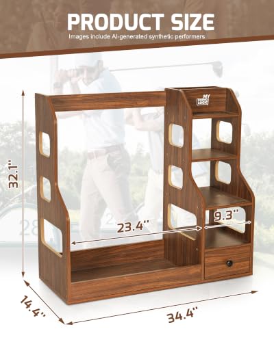 Mythinglogic Wooden Golf Bag Storage Rack, Golf Organizer with Shoe Shelves, Ball Holder & Drawer, MDF Golf Equipment Storage Cabinet for Home, Garage or Simulator Room - size: 2 golf bag rack-Brown