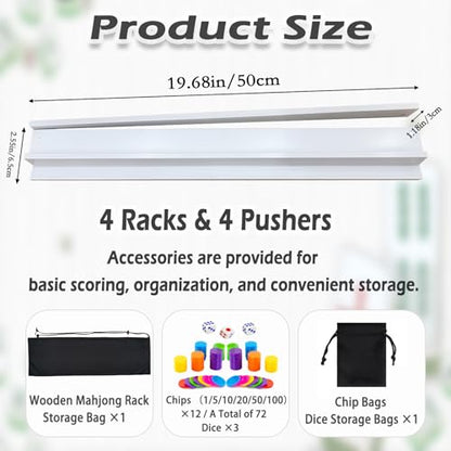 4 PCS Mahjong Racks with Pushers, White Wooden Mahjong Racks with Detachable Magnetic Pushers, Mahjong Tile Pushers and Racks, Includes Chips, Dice & Storage Bags, Mahjong Accessories (19.68 Inch) - color: White