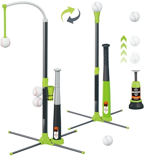 3-in-1 T Ball Set for Kids, Adjustable Height Hanging Baseball Batting Tee Set with 2 Bats, Teeball Hitting Stand, Ball Launcher for Toddlers, Sport Toys Outdoor/Indoor for Boys Girls - color: 3 in 1 Green