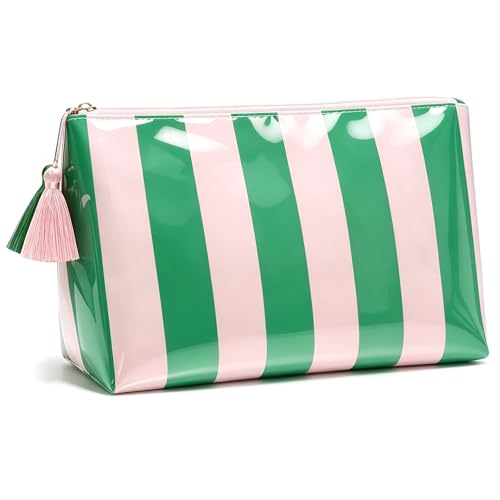 LETGO Green Pink Striped Waterproof PVC Beach Makeup Bag with Tassel Zipper, Large Preppy Coastal Summer Beach Vacation Travel Toiletry Cosmetic Pouch for Women(Green Pink) - color: Green Pink
