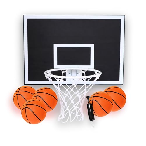 CALIKIWIPROS Mini Basketball Hoop Set Pro League Decorative Solid Wood Wall Mount, Includes 9’ Hoop & 5 mini Basketballs, Classic Look with Colors Matching Some pro Teams. - style: Pro Jr Black white