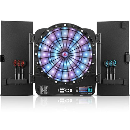 Electronic Dart Board Cabinet Set, Illuminated Target Dartboard for Adults, 48 Games with 315 Variations Soft Tip Digital Dartboard Cabinets with 6 Darts, 100PCS Soft Tips