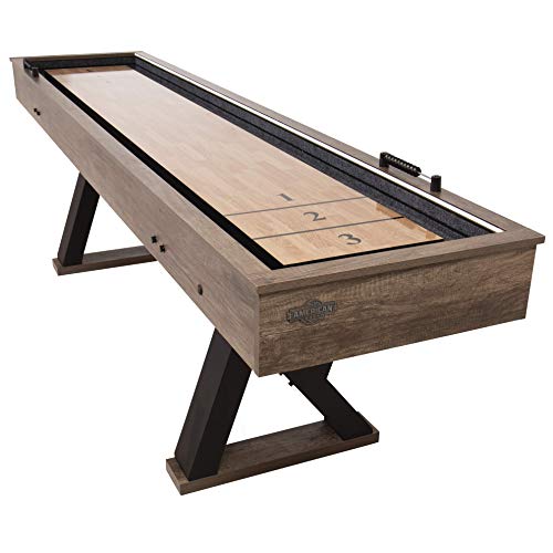 American Legend Kirkwood 9’ Shuffleboard Table with LED Rails, Bowling Game Set, Rustic Wood Finish & Accessories Included