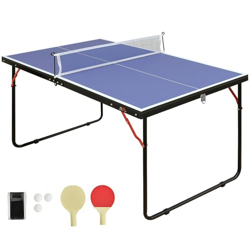 Mid-Size Portable Ping Pong Table, 4ft Compact Foldable Table Tennis Set with Net, Paddles & Balls, Thickened Aluminum Frame for Indoor Outdoor Small Spaces