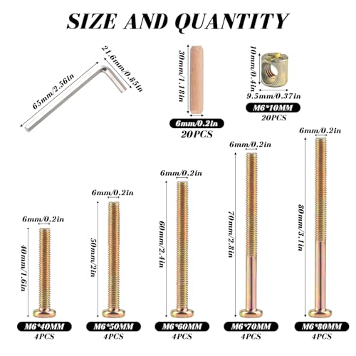 M6x40/50/60/70/80mm Crib Screws Assortment 20-Set Wooden Double beds Hardware Replacement Kit,Bolts & Barrel Nuts & Wooden Dowels, Hex Socket Head Cap Screws Nuts for Headboards Furniture