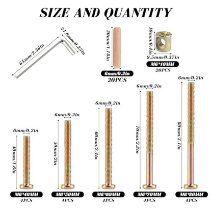 M6x40/50/60/70/80mm Crib Screws Assortment 20-Set Wooden Double beds Hardware Replacement Kit,Bolts & Barrel Nuts & Wooden Dowels, Hex Socket Head Cap Screws Nuts for Headboards Furniture
