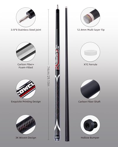 CRICAL COWCUE 58-Inch Carbon Fiber Pool Cue, Low Deflection, 12.5mm Tip | Adjustable pool cue with 3/8x8 joint for stable control, regular billiards practice and pool hall play. - color: CW-04-set