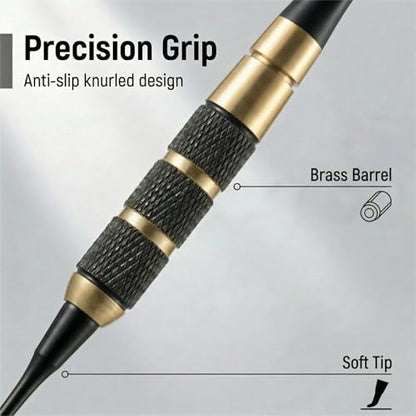 Soft Tip Darts Set 18g, 3 Pack with Brass Barrels and Case | 18g darts, brass barrels, integrated flights, 30 spare soft tips, travel case, for electronic dartboards