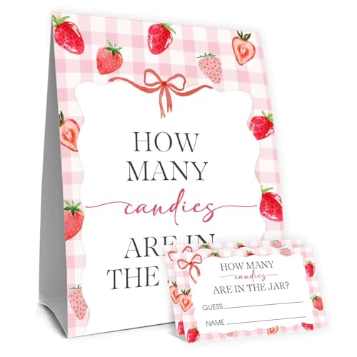 Strawberry Baby Shower Decorations,Strawberry Guess How Many Baby Shower Game,Guess How Many Candies Are In The Jar,Birthday Party Game & Activities 50 Cards And Sign - size: strawberry2
