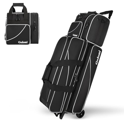Goloni 3 Ball Bowling Bag with Wheels, Rolling Bowling Roller Bag with Retractable Handle for Balls & Bowling Accessories - color: 4 Ball-Black