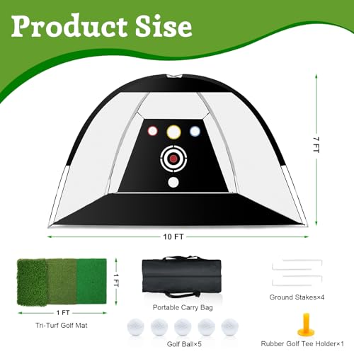 Golf Net - Upgraded All-in-One 10x7ft Golf Practice Net with 5 Real Balls, Tri-Turf Mat and Portable Bag, Durable Hitting Nets for Backyard Driving Swing Outdoor - style: Black/White-Pro