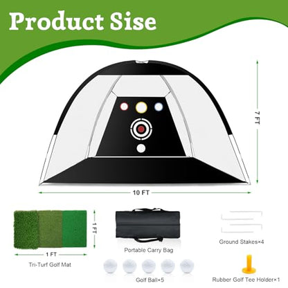 Golf Net - Upgraded All-in-One 10x7ft Golf Practice Net with 5 Real Balls, Tri-Turf Mat and Portable Bag, Durable Hitting Nets for Backyard Driving Swing Outdoor - style: Black/White-Pro