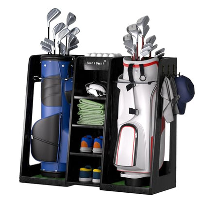 SuniBoxi Wooden Golf Storage Organizer for Garage, Premium Golf Bag Holder Rack for Golfing Accessories, Great Gift for Golfers,Husband, Dad(2 Bags,Dark Black) - size: 2 Bags