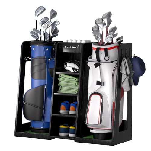 SuniBoxi Wooden Golf Storage Organizer for Garage, Premium Golf Bag Holder Rack for Golfing Accessories, Great Gift for Golfers,Husband, Dad(2 Bags,Dark Black) - size: 2 Bags