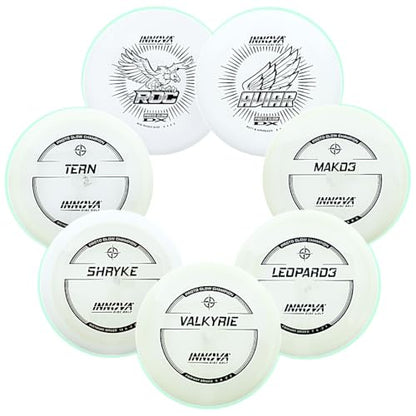 Gotta Go Gotta Throw Inc. INNOVA Glow Disc Golf Starter Set – 140-180g – New Proto Glow Plastics – PDGA Approved Set – Includes Bag - color: 7 Disc Set