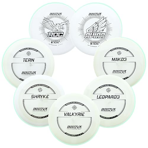 Gotta Go Gotta Throw Inc. INNOVA Glow Disc Golf Starter Set – 140-180g – New Proto Glow Plastics – PDGA Approved Set – Includes Bag - color: 7 Disc Set