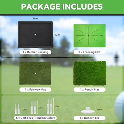 COSPOPTIC Golf Hitting Mat with Swing Path Feedback, Heavy-Duty Rubber Base Anti-Slip Golf Training Mat, Extra Replaceable Surface, Portable Practice Mat for Home Office Garage Yard Indoor Outdoor - style: Rough-Fairway-Tracks mat